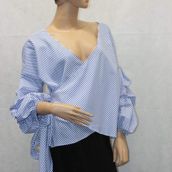 Forever 21 Blue & White Stripe Wrap Blouse NWOT - Picture 2 of 10
